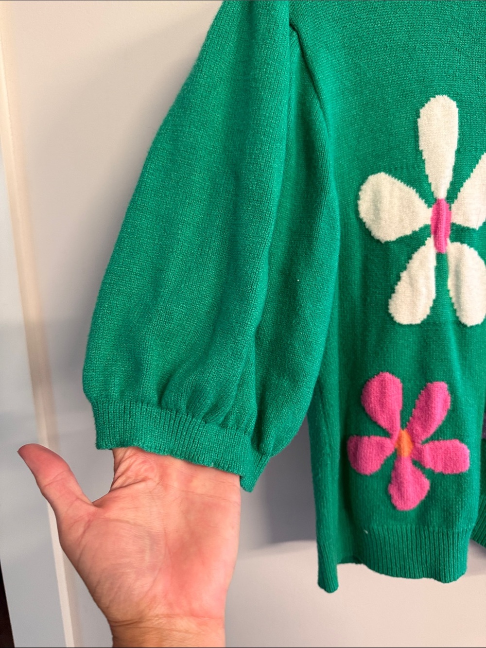 THML Green Floral Crewneck Sweater with Multicolor Flowers and Puff Sleeves - Picture 5 of 6